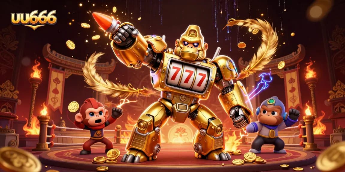 Experience thrilling excitement at uu666 with a golden gorilla mech and dynamic casino elements.