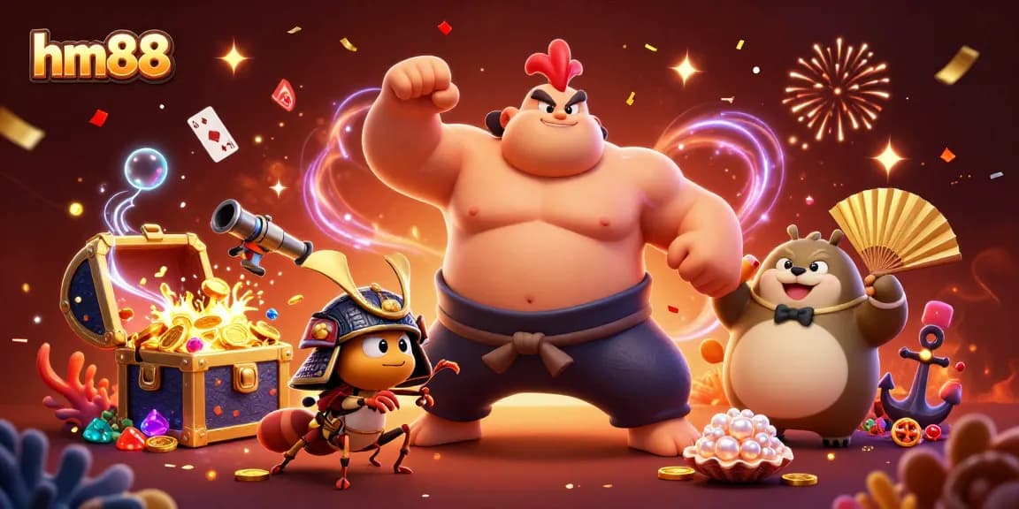 Experience thrilling gameplay at hm88 with a powerful sumo wrestler and fierce cricket in a vibrant casino scene.