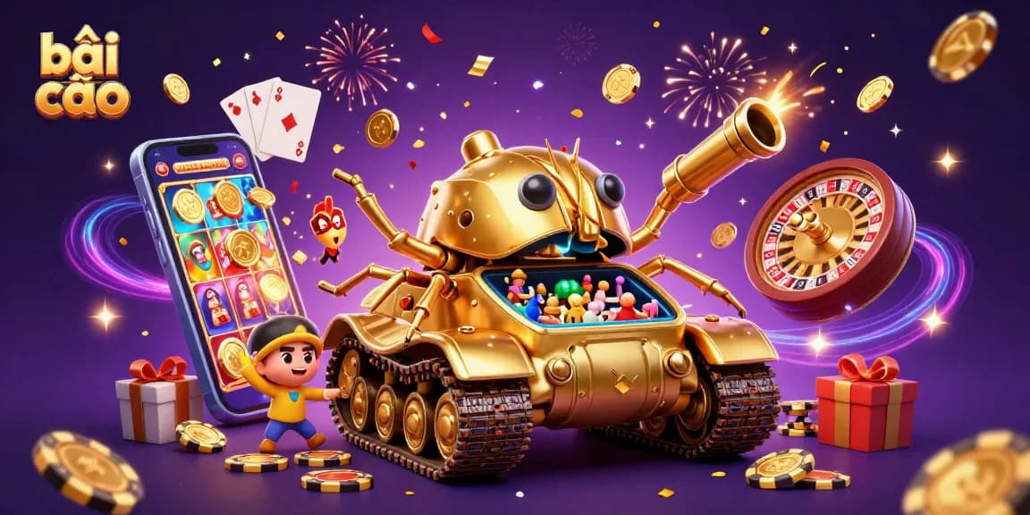Bài cào action with a golden beetle tank revealing a casino, confetti, and coins exploding around