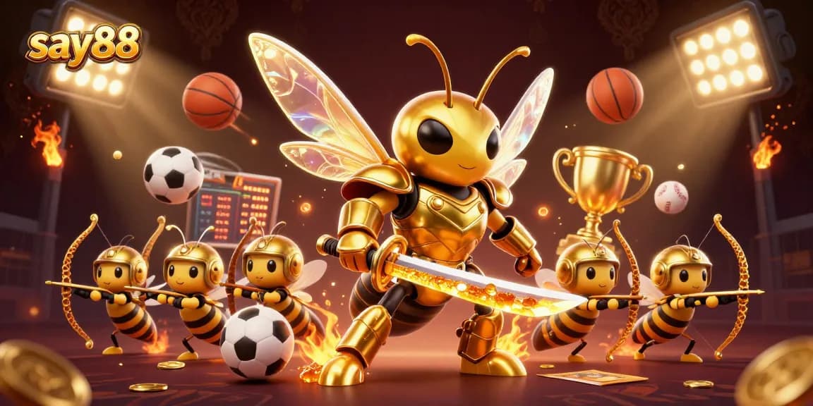 SAY88's vibrant betting action scene features a golden hornet samurai and sports elements.