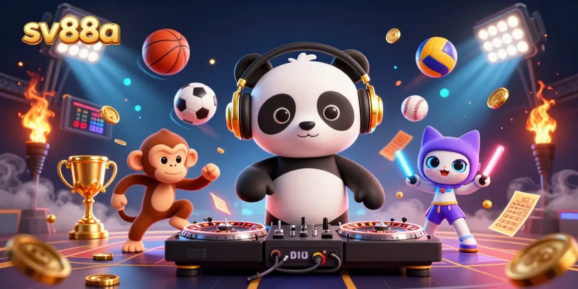 Experience the excitement of sv88a with a lively 3D scene featuring casino-themed characters and dynamic sports elements.