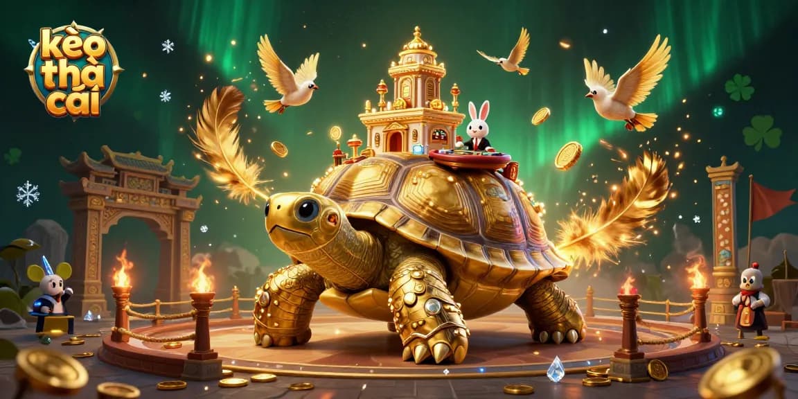 Engage with kèo nhà cái in this vibrant 3D illustration showcasing a tortoise casino with a rabbit dealer.