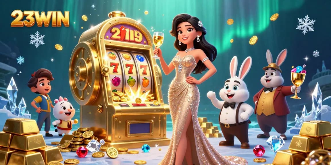 Experience excitement with 23WIN as players toast with fortune at a jackpot slot machine.