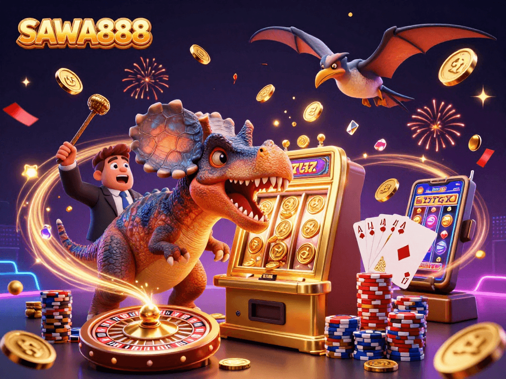 SAWA888: 3D cartoon dinosaur celebrates a jackpot at a golden slot machine in a vibrant casino scene.