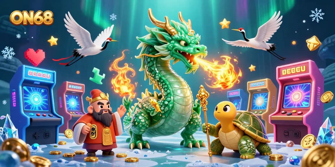 Engage in exciting adventures at ON68 with a mystical jade dragon and lucky characters in a vibrant casino.