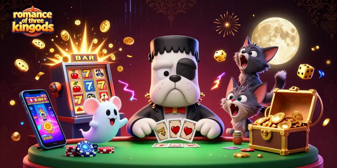 Experience thrilling action in 'romance of the three kingdoms' as a Frankenstein bulldog deals casino cards.