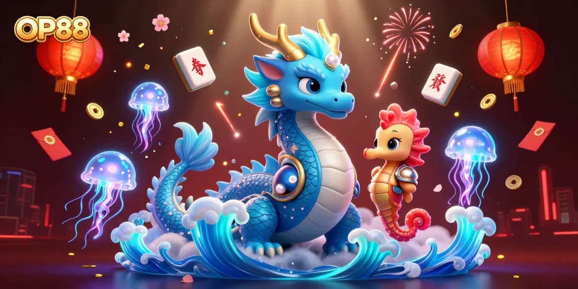 Spin the reels with OP88's exciting gaming adventures featuring azure dragon and seahorse knight.