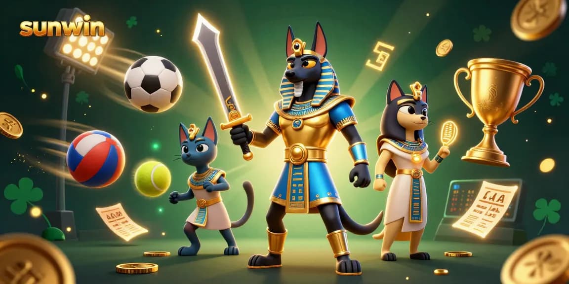 Bet on sunwin with dynamic sports elements and ancient Egyptian characters in vibrant 3D illustration.