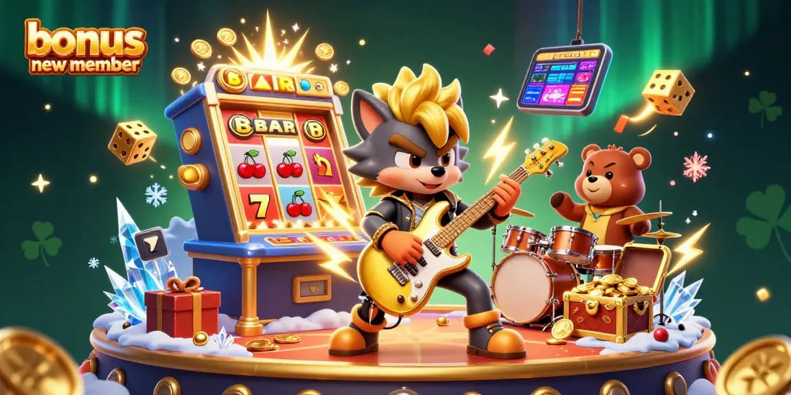 Engage in thrilling action with this vibrant bonus new member casino scene featuring a rock star wolf and drummer bear.