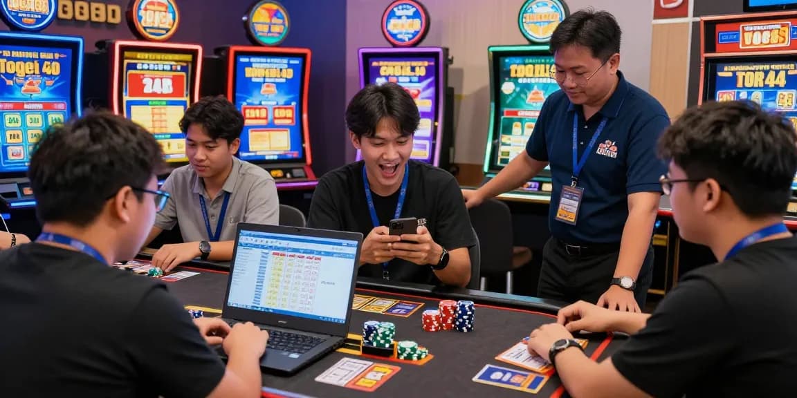 Players enjoying games at Bandar Togel 4D Resmi Togel88, vibrant atmosphere with smartphones and laptops tracking results.