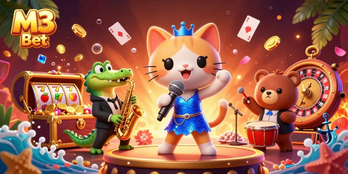 Experience the excitement of M3 Bet with colorful characters and casino elements in a vibrant 3D illustration.