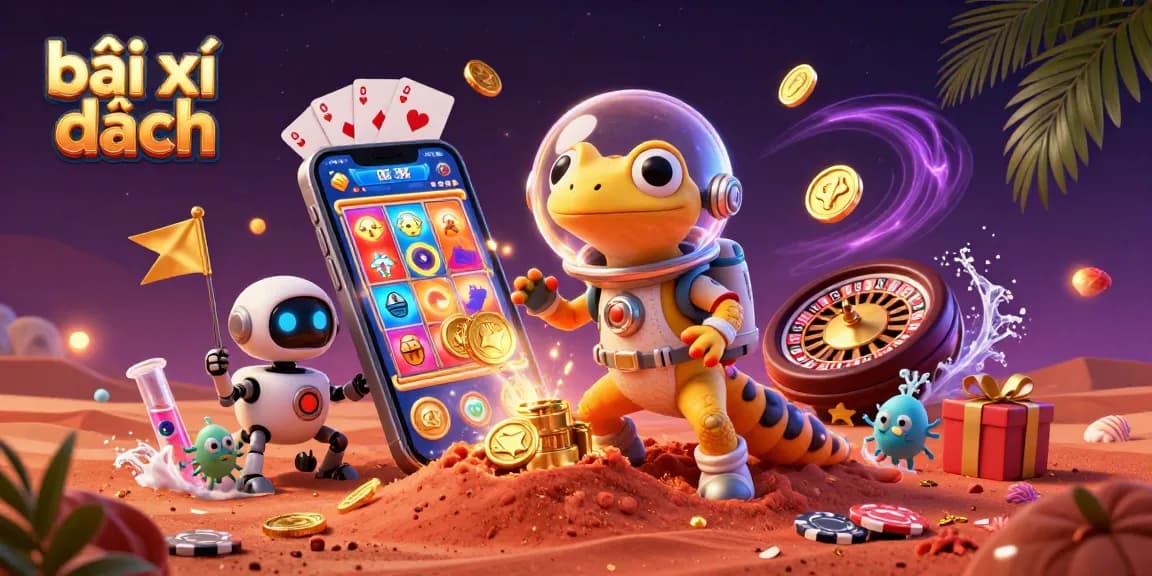 Experience the thrill of bài xì dách with vibrant alien characters in a cosmic casino adventure.