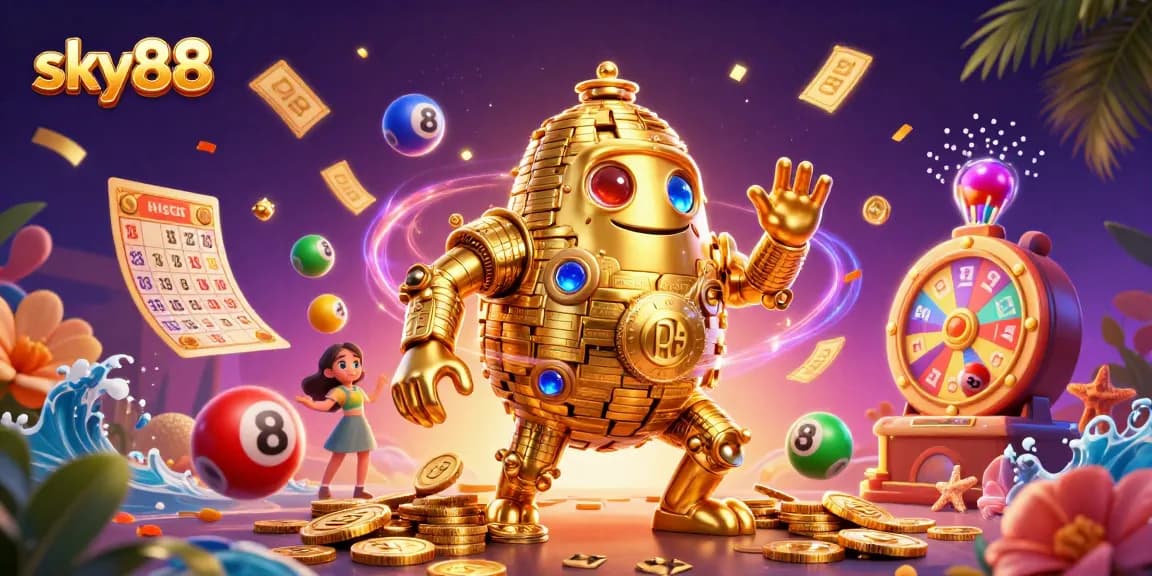 Engage with sky88's thrilling gaming experience featuring a 3D golden golem and vibrant lottery elements.