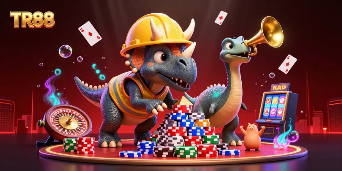 TR88 showcases a vibrant 3D casino scene with a triceratops and roulette elements celebrating wins.