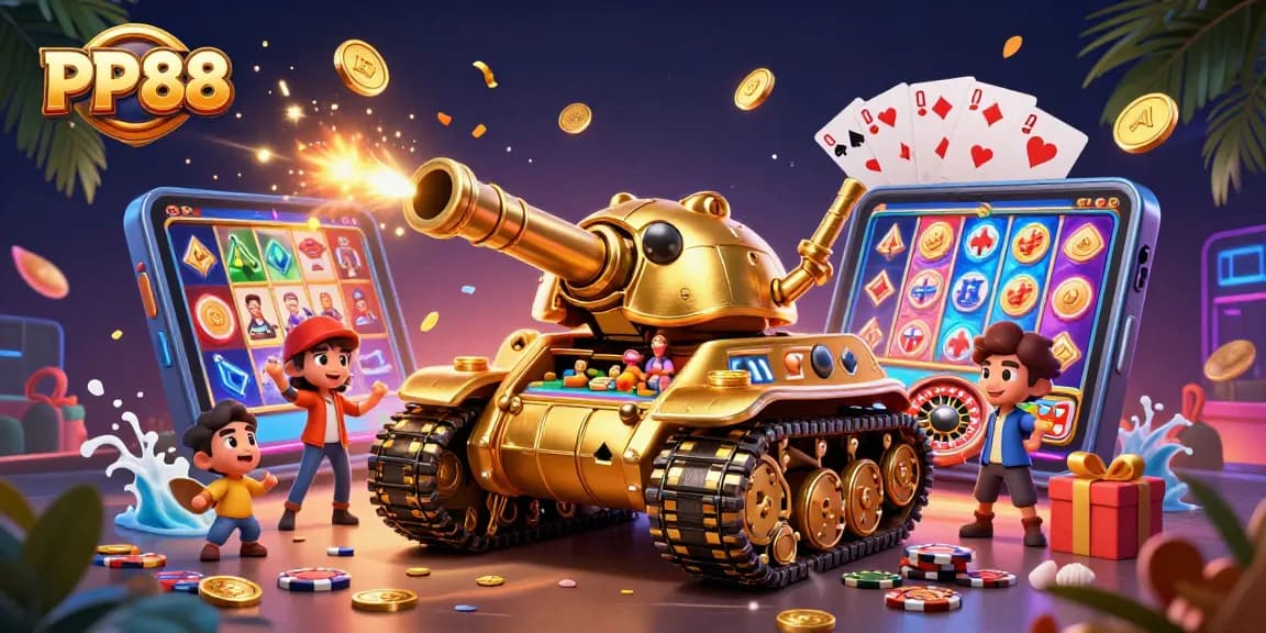 Experience the thrill of PP88 with a vibrant casino scene featuring games and festive elements.