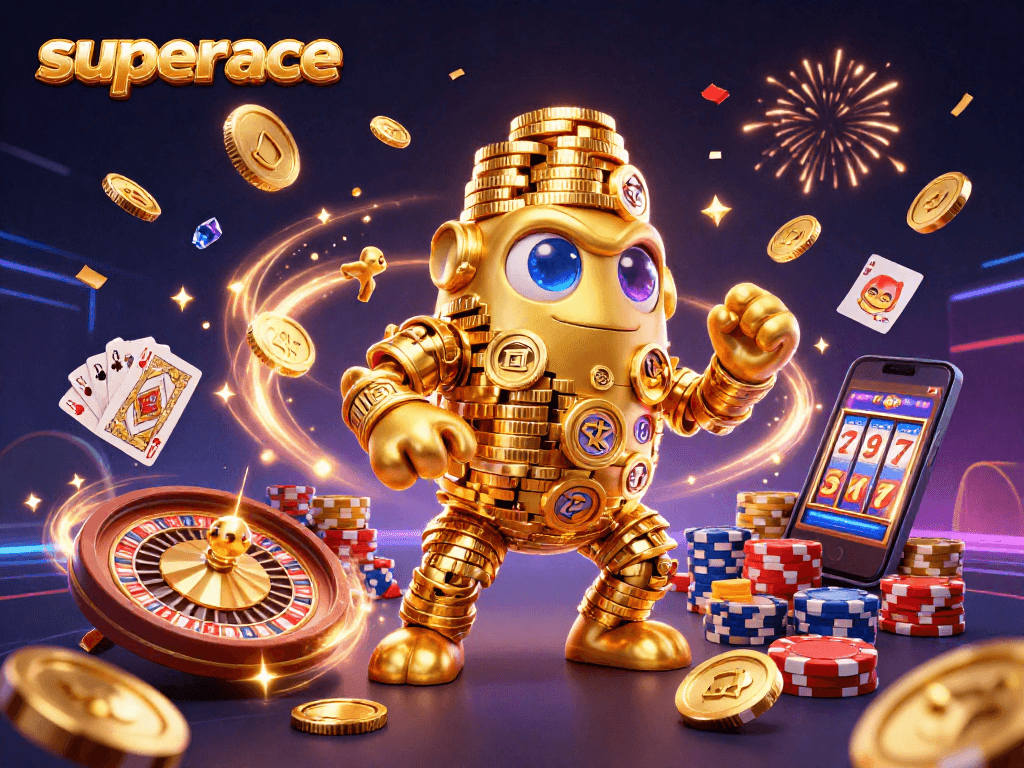 Experience superace gaming with captivating golden golem and rich casino elements.