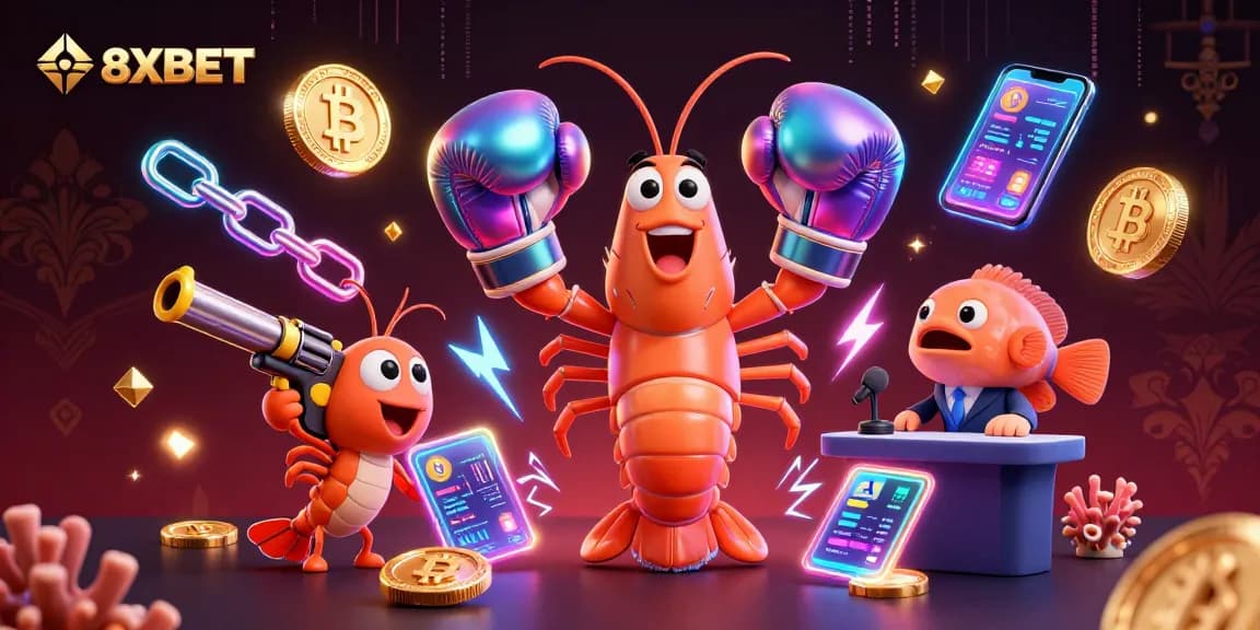 8XBET offers thrilling casino experiences with vibrant 3D illustration showcasing energetic gaming elements.
