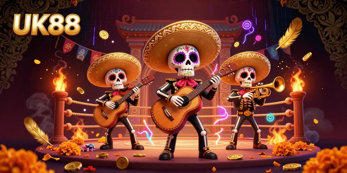 Experience UK88's exciting casino atmosphere with skeleton mariachi entertainers and dynamic gambling elements.