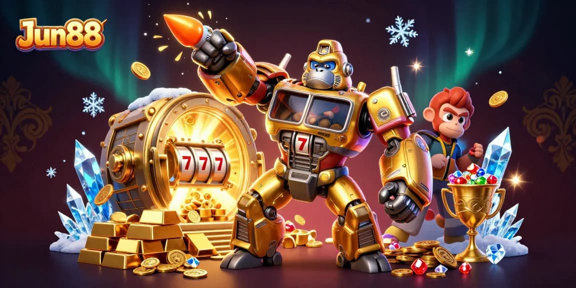 Experience the thrill of Jun88 with a vibrant 3D gorilla mech amidst gold treasures and action-packed gaming elements.