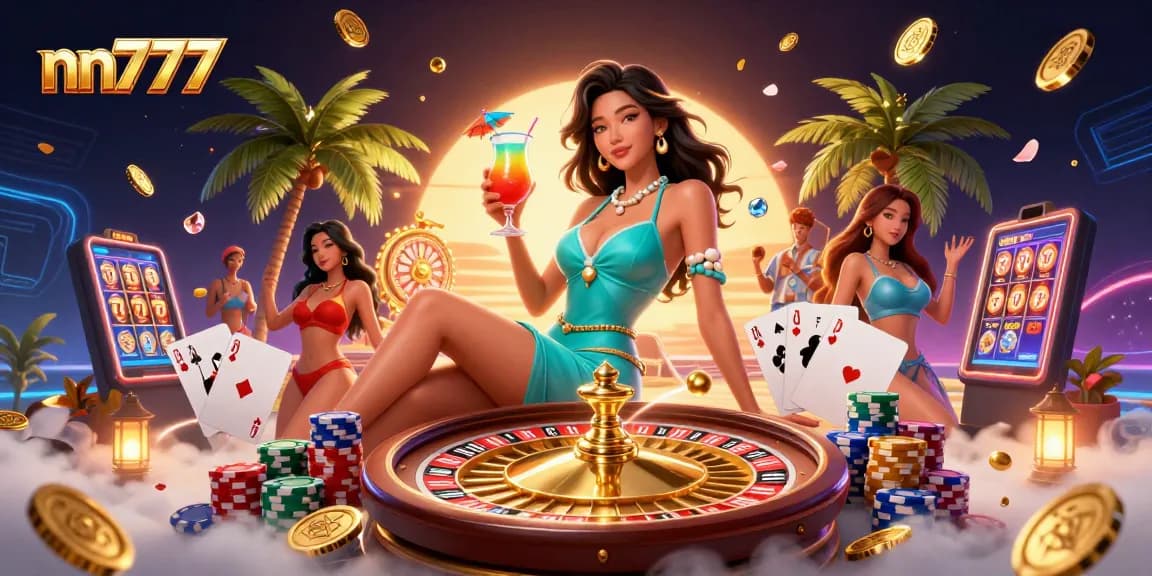 Engage in exciting gaming experiences at nn777 with vibrant casino elements in a tropical setting.