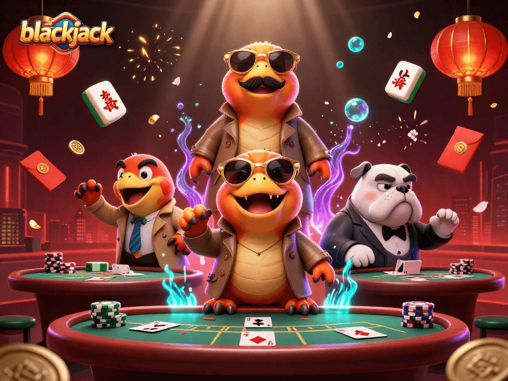 Experience excitement with blackjack at a lively casino scene featuring a trio of raptors.