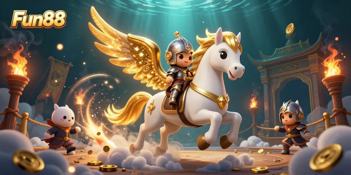 Experience the thrill of Fun88's gaming adventures with a charming knight and magical horse in a vibrant casino illustration.