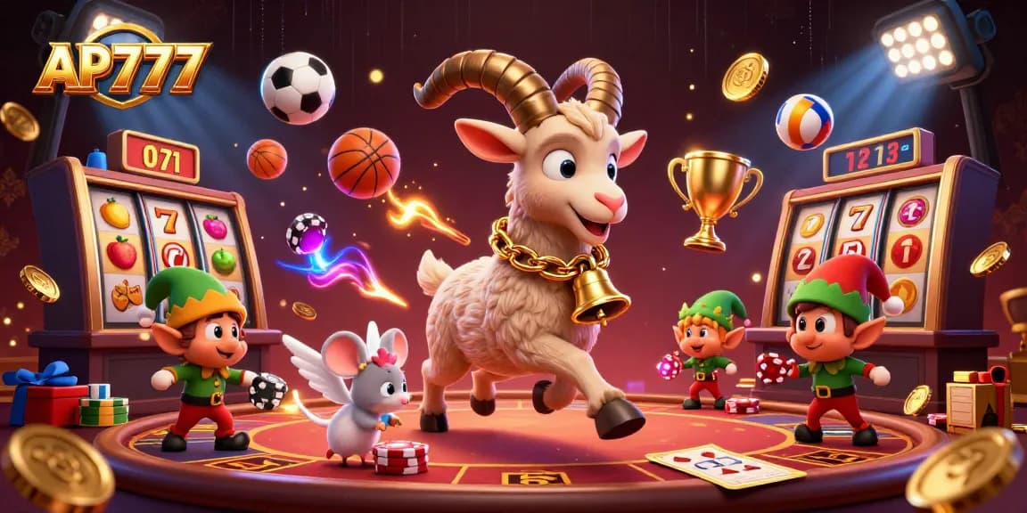 Experience thrilling slots and casino excitement with AP777 in a festive, animated scene.