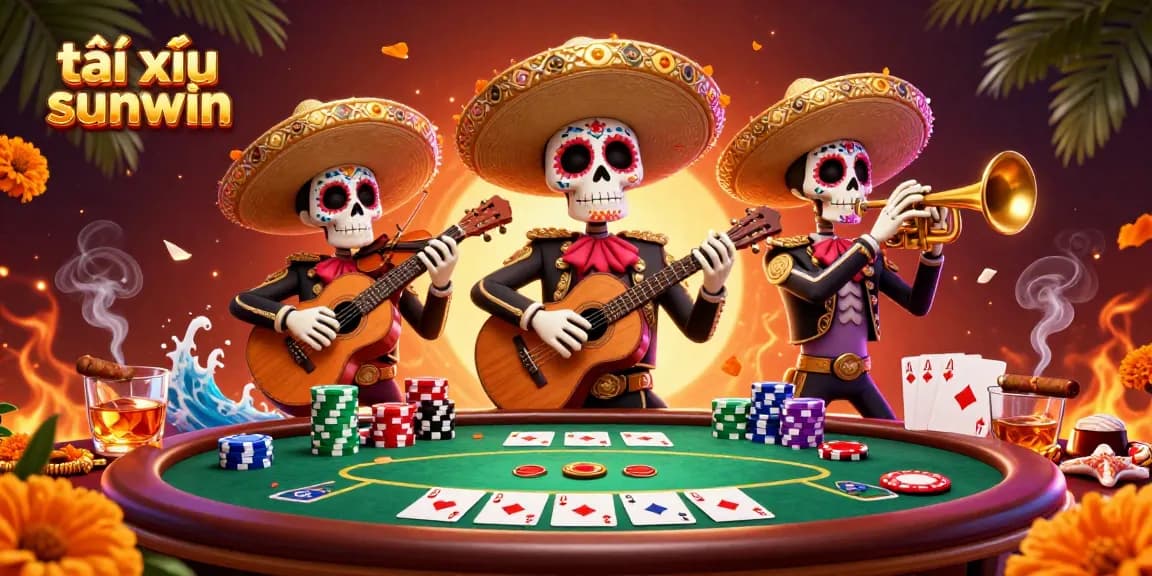 Play tài xỉu sunwin with colorful Dia de los Muertos skeleton band amidst poker elements.