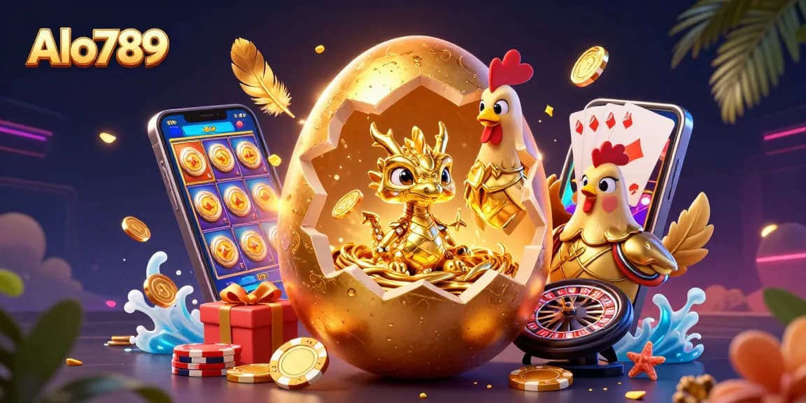 Alo789 reveals a stunning baby dragon made of crystallized gold in a vibrant gaming scene.