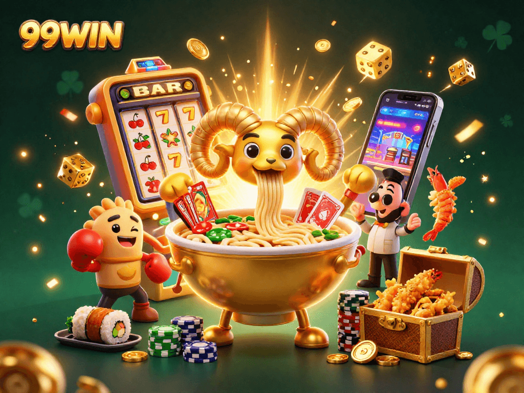 99WIN showcases a vibrant 3D illustration of unique gambling characters amid a thrilling casino scene, highlighting winning moments.