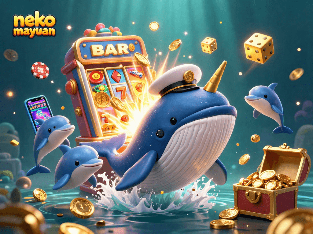 Play and win with Neko May Mắn featuring a giant whale, narwhal, and dolphins amid vibrant casino elements.