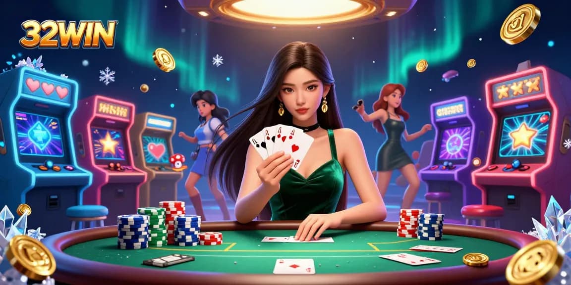 32WIN features an Asian woman focused on poker strategy at a luxury casino table with vibrant game elements.