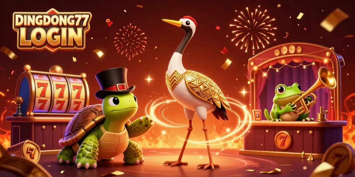 DINGDONG77 LOGIN showcases vibrant slot reels and lively 3D characters in an energetic casino scene.