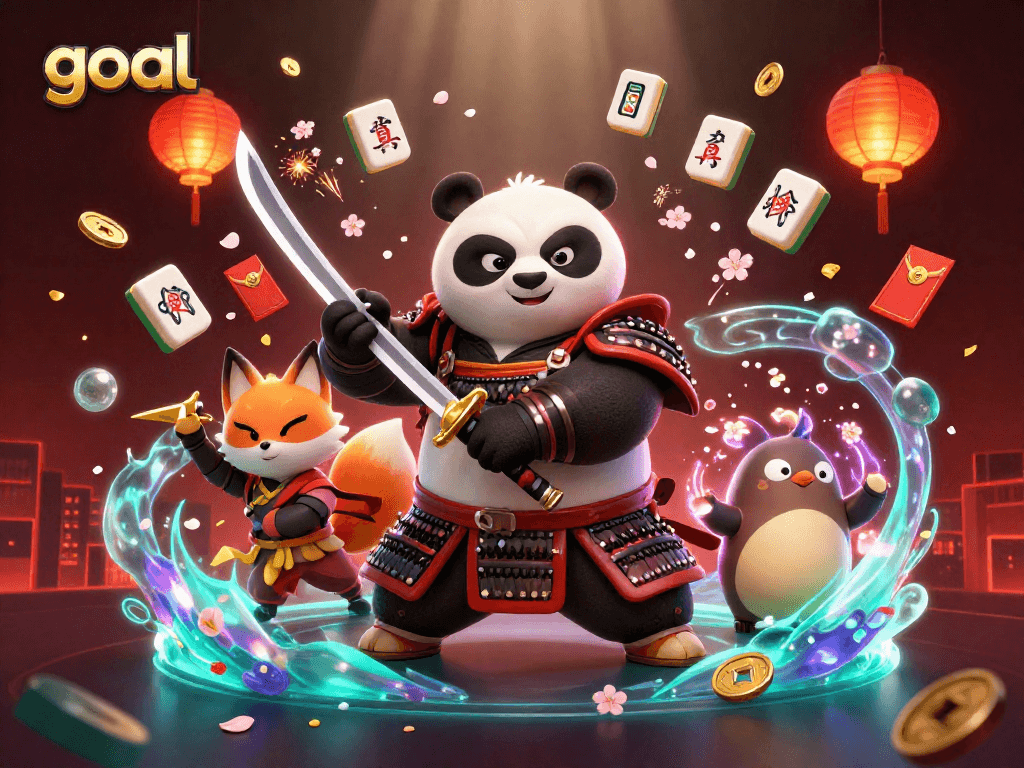 Engage in thrilling gameplay with goal in this vibrant 3D illustration of a dynamic samurai panda and companions.