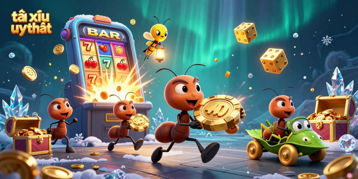 Engage in exciting gaming with tài xỉu uy tín showcased by animated ants and vibrant casino elements.