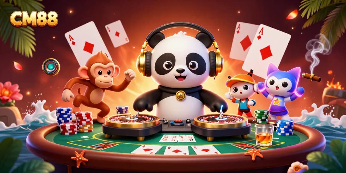 Engage in thrilling gaming experiences with CM88's vibrant casino scene featuring fun characters.