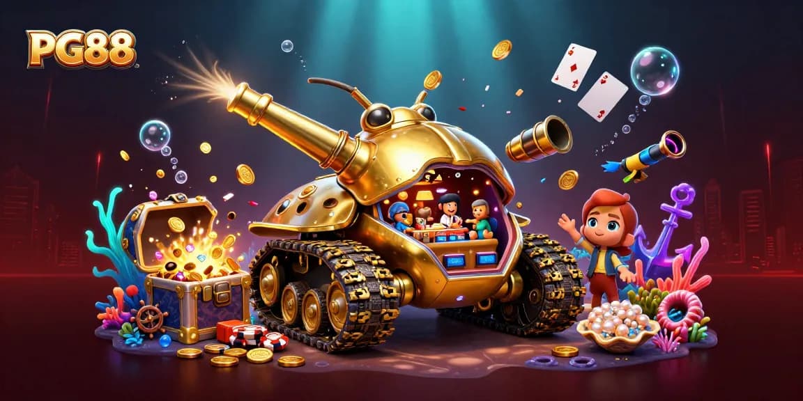 Engage in PG88's vibrant 3D casino world with golden beetle tank revealing dynamic gaming action.
