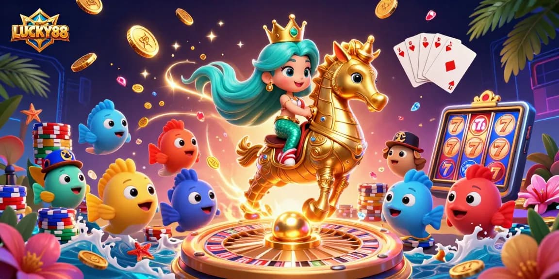 Experience thrilling gaming at LUCKY88 with a mermaid princess and seahorse bringing luck.