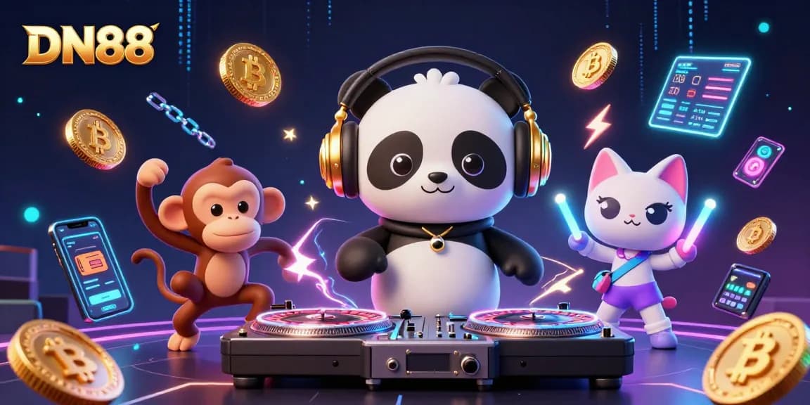 Join the fun at DN88 with vibrant characters and crypto elements in a digital casino scene.