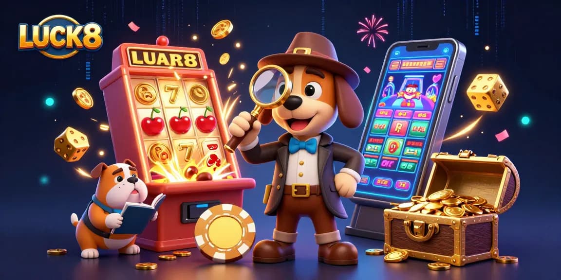 LUCK8 showcases a detective and bulldog in a vibrant casino scene, emphasizing winning moments.