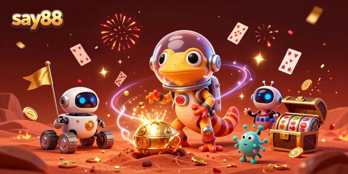 Join the Martian gecko adventure at say88 casino, celebrating with vibrant playing cards and golden treasures.