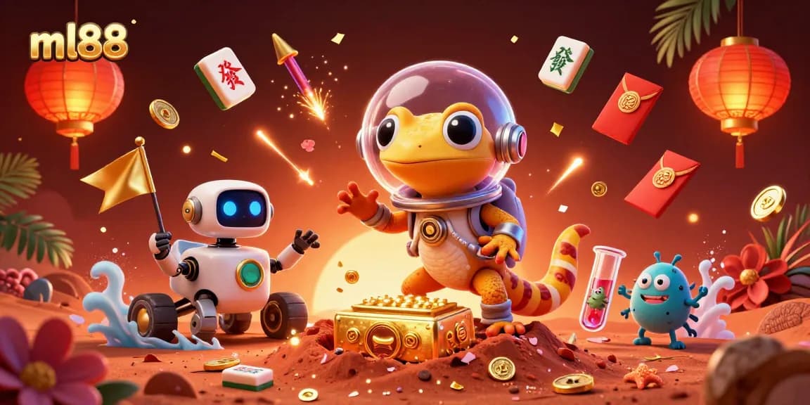 Experience the excitement of ml88 casino gaming with a Martian gecko discovering a golden casino.