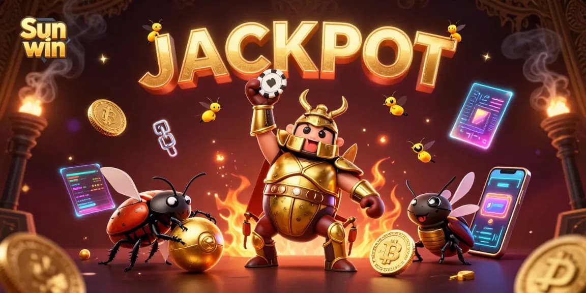 Experience winning thrills in Sun win with a victorious beetle champion lifting poker chips.
