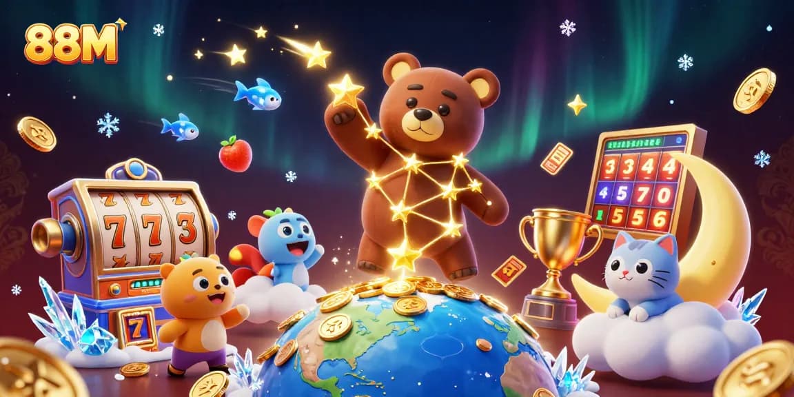 Spin jackpot reels while the constellation bear and friends scoop up coins under the night sky at 88M.