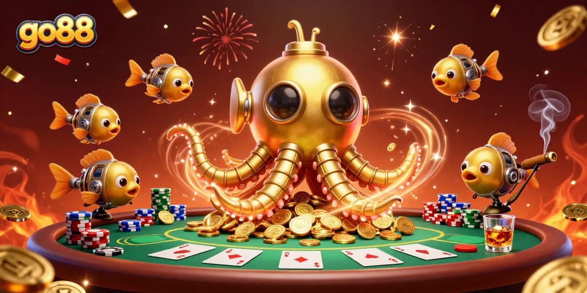 Engage with go88 as the golden kraken submarine emerges in a vibrant casino illustration.
