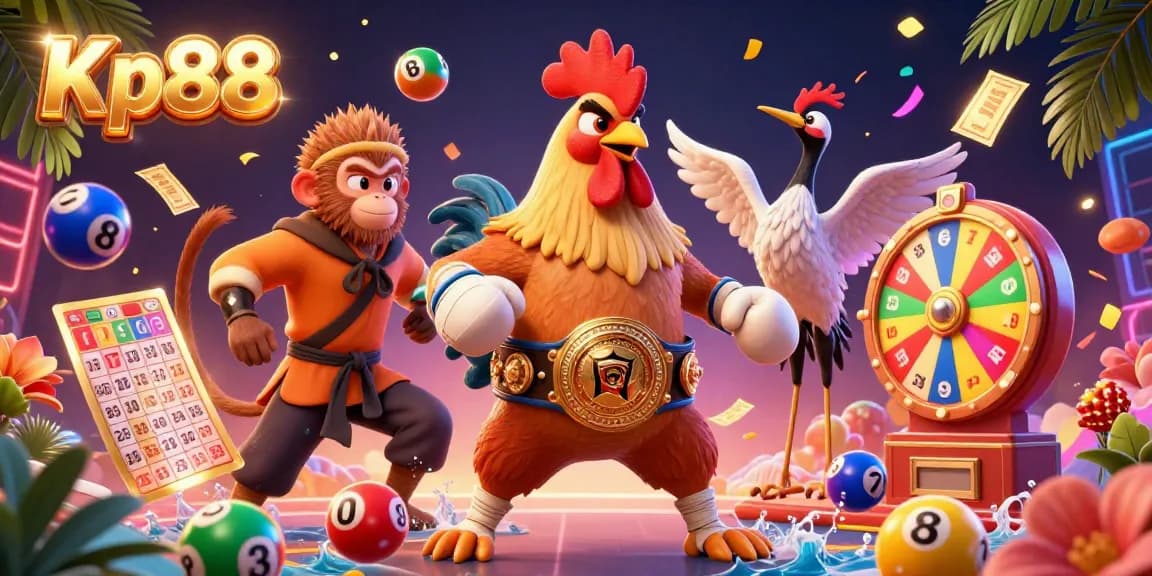 Kp88 features vibrant gambling scene with a Muay Thai rooster, Shaolin monkey, and crane, surrounded by colorful lottery elements.