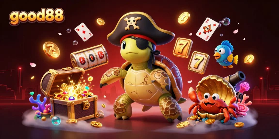 Explore winning strategies with good88 in this vibrant 3D casino scene filled with treasure and games.