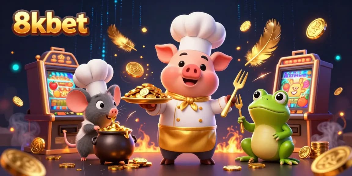 Experience winning thrills with 8xbet's vibrant casino game scene featuring a chef, mouse, and frog.