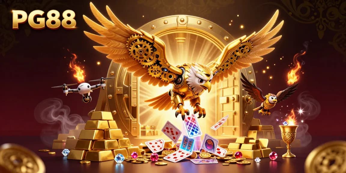 Experience thrilling gaming with PG88, featuring a golden eagle and cascading holographic cards in a vibrant casino setting.