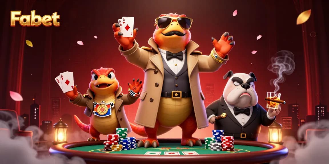 Fabet showcases three raptors in disguise attempting to enter a VIP lounge, surrounded by vibrant poker elements.